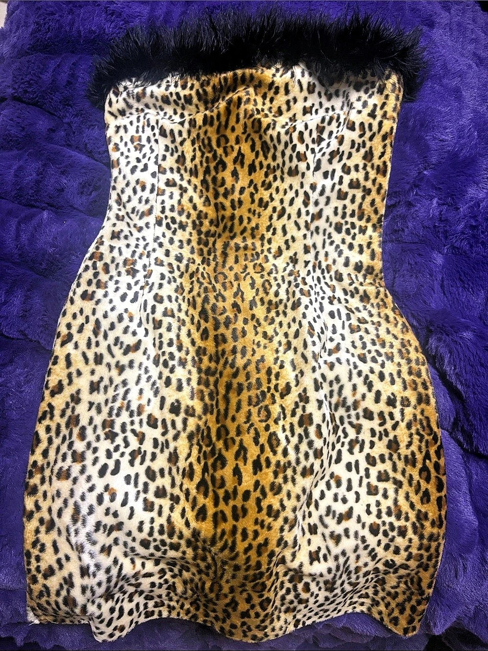 Vintage Faux Fur Leopard Print Faux Fur Trim Mini Dress Size 2